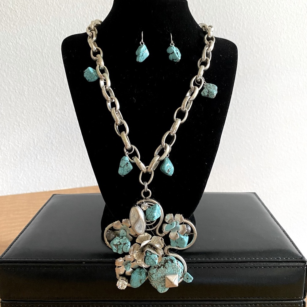 Turquoise & Silvertone Statement Necklace & Earrings Set